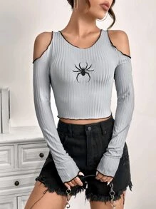 SHEIN ICON Spider Embroidery Crop Tee - Grey - View 7