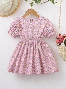 Toddler Girls Ditsy Floral Print Ruffle Trim Puff Sleeve Dress - Pink - View 1