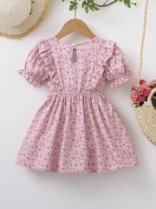 Toddler Girls Ditsy Floral Print Ruffle Trim Puff Sleeve Dress - Pink - View 2