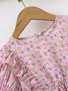 Toddler Girls Ditsy Floral Print Ruffle Trim Puff Sleeve Dress - Pink - View 7