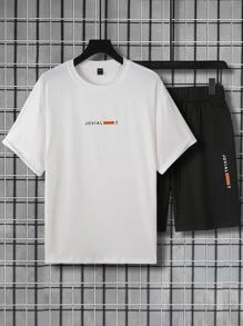 Manfinity Men Letter Graphic Tee & Shorts - Black and White - View 1