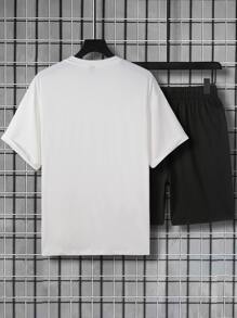 Manfinity Men Letter Graphic Tee & Shorts - Black and White - View 2