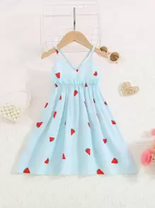 小女童西瓜圖案後背十字交叉吊帶洋裝