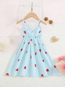 小女童西瓜圖案後背十字交叉吊帶洋裝