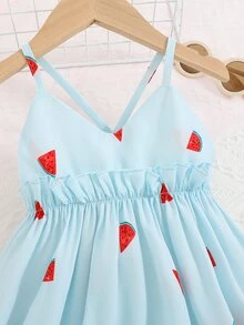 小女童西瓜圖案後背十字交叉吊帶洋裝