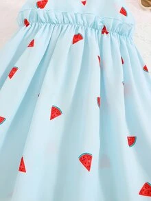 小女童西瓜圖案後背十字交叉吊帶洋裝