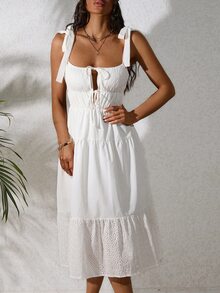 Aveloria Vestido de tirantes con cordón delantero bajo con fruncido con bordado con ojal