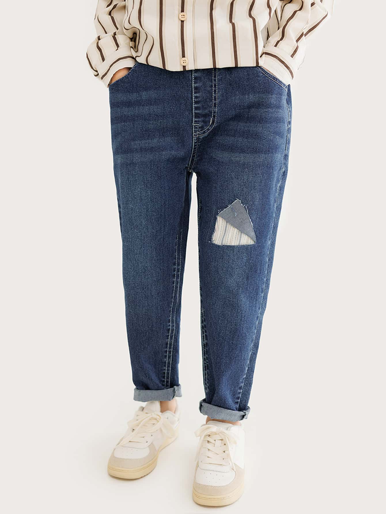 Chicos Jeans de rayas desgarro con bolsillo oblicuo - Azul lavado oscuro - Ver 1