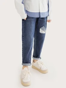 Chicos Jeans de rayas desgarro con bolsillo oblicuo - Azul lavado oscuro - Ver 4