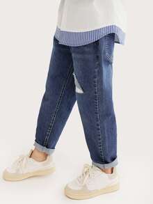 Chicos Jeans de rayas desgarro con bolsillo oblicuo - Azul lavado oscuro - Ver 5