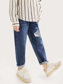 Chicos Jeans de rayas desgarro con bolsillo oblicuo - Azul lavado oscuro - Ver 6