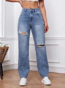 SHEIN EZwear Ripped Straight Leg Jeans - Medium Wash - View 3