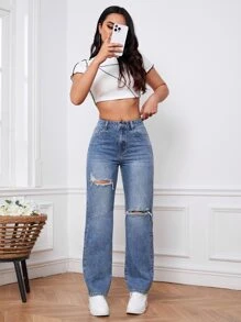 SHEIN EZwear Ripped Straight Leg Jeans - Medium Wash - View 5