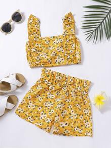 Toddler Girls Floral Print Ruffle Trim Top & Paperbag Waist Shorts - Yellow - View 1