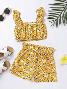 Toddler Girls Floral Print Ruffle Trim Top & Paperbag Waist Shorts - Yellow - View 2