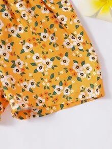 Toddler Girls Floral Print Ruffle Trim Top & Paperbag Waist Shorts - Yellow - View 3