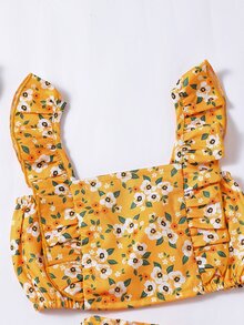 Toddler Girls Floral Print Ruffle Trim Top & Paperbag Waist Shorts - Yellow - View 4