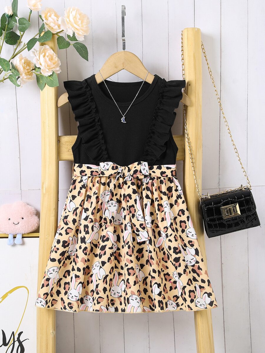 Niñas Vestido con cinturón conejo & con estampado de leopardo ribete con fruncido - Multicolor - Ver 1