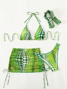 SHEIN Swim Summer Beach 4packs Random Dot Print Tie Side Halter Bikini Set - Green - View 5