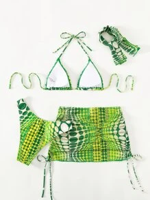 SHEIN Swim Summer Beach 4packs Random Dot Print Tie Side Halter Bikini Set - Green - View 6