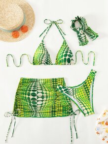 SHEIN Swim Summer Beach 4packs Random Dot Print Tie Side Halter Bikini Set - Green - View 7