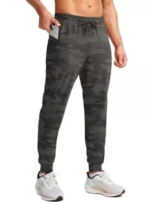 G Gradual Men Camo Print Drawstring Waist Zipper Pocket Sports Trousers - Dark Grey - View 1