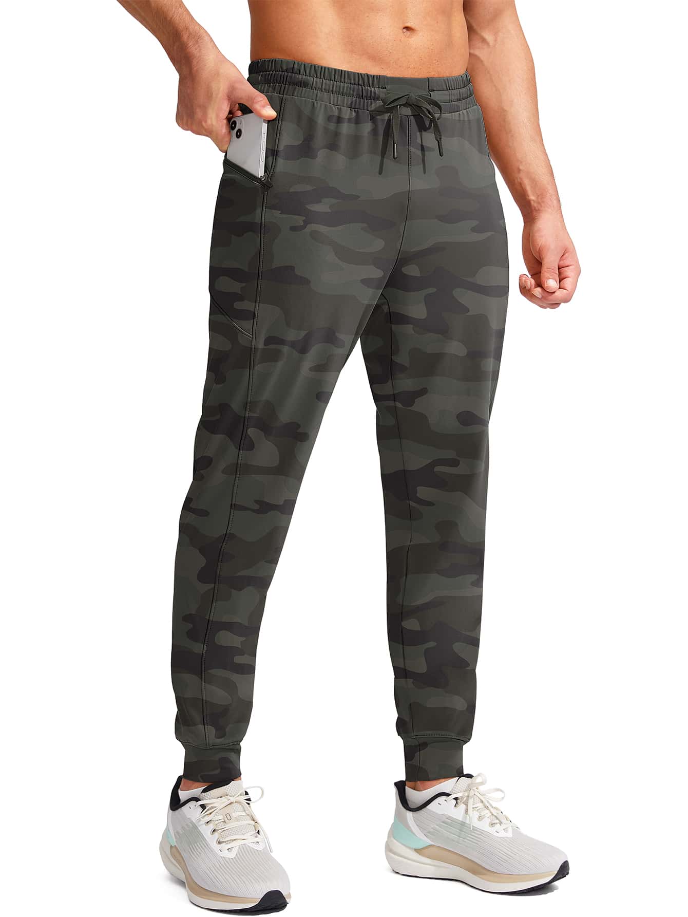 G Gradual Men Camo Print Drawstring Waist Zipper Pocket Sports Trousers - Dark Grey - View 1