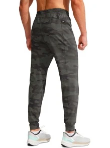 G Gradual Men Camo Print Drawstring Waist Zipper Pocket Sports Trousers - Dark Grey - View 2