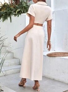 SHEIN VCAY 蝙蝠袖前打結短款襯衫和高衩半身裙