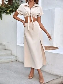SHEIN VCAY 蝙蝠袖前打結短款襯衫和高衩半身裙