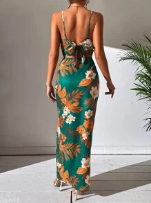 SHEIN Holidaya Floral Print Ruched Bust Cami Top & Split Thigh Skirt