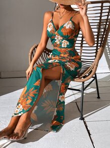 SHEIN Holidaya Floral Print Ruched Bust Cami Top & Split Thigh Skirt