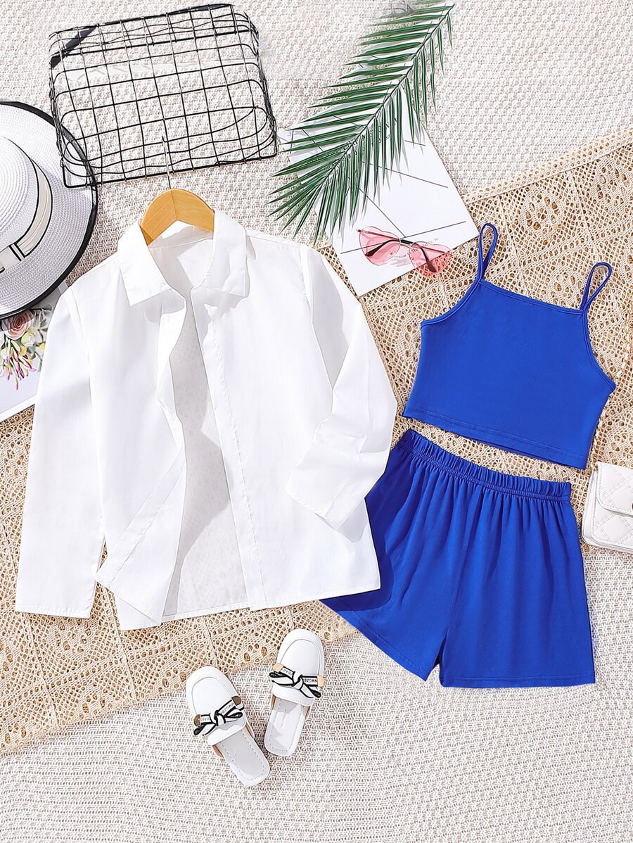 SHEIN Girls Solid Cami Top & Shorts & Button Up Shirt - Blue and White - View 1