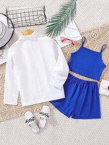 SHEIN Girls Solid Cami Top & Shorts & Button Up Shirt - Blue and White - View 2