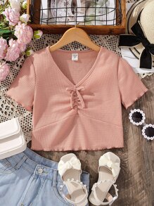 Chicas Camiseta fruncido delantero ribete en forma de lechuga - Rosa vieja - Ver 1