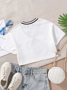 Tween Girl Letter Graphic Striped Trim Crop Tee