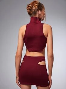 SHEIN ICON Bộ đồ hai mảnh nữ Cắt ra Đắp vá Gân đan Lá thư Gợi cảm - Màu Đỏ Sâu - Xem 2