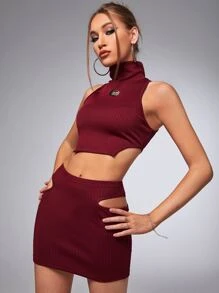 SHEIN ICON Bộ đồ hai mảnh nữ Cắt ra Đắp vá Gân đan Lá thư Gợi cảm - Màu Đỏ Sâu - Xem 3