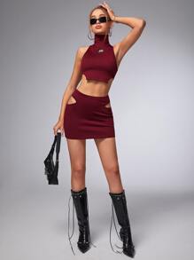 SHEIN ICON Bộ đồ hai mảnh nữ Cắt ra Đắp vá Gân đan Lá thư Gợi cảm - Màu Đỏ Sâu - Xem 4