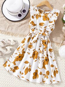 Girls Floral Print Ruffle Trim Belted Dress - White - View 1