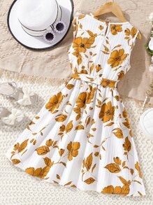 Girls Floral Print Ruffle Trim Belted Dress - White - View 2