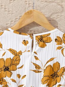 Girls Floral Print Ruffle Trim Belted Dress - White - View 4