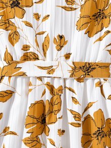 Girls Floral Print Ruffle Trim Belted Dress - White - View 6