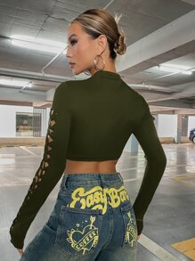 SHEIN ICON 鏤空吊帶襪細節短款上衣 - 軍綠色 - 查看 2