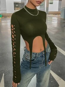 SHEIN ICON 鏤空吊帶襪細節短款上衣 - 軍綠色 - 查看 3