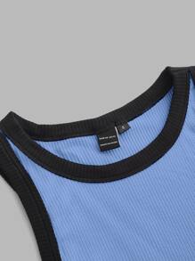 SHEIN MOD Áo hai dây Gân đan Tương phản ràng buộc màu trơn Giải trí - Màu xanh nhạt - Xem 3