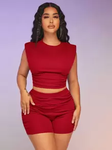 SHEIN SXY Ruched Crop Tank Top & Cycling Shorts - Red - View 1