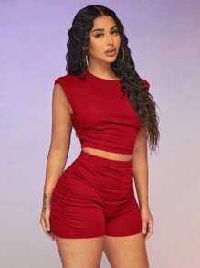 SHEIN SXY Ruched Crop Tank Top & Cycling Shorts - Red - View 4