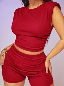 SHEIN SXY Ruched Crop Tank Top & Cycling Shorts - Red - View 5