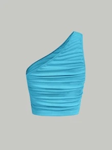 SHEIN MOD One Shoulder Ruched Crop Top - Mint Blue - View 5
